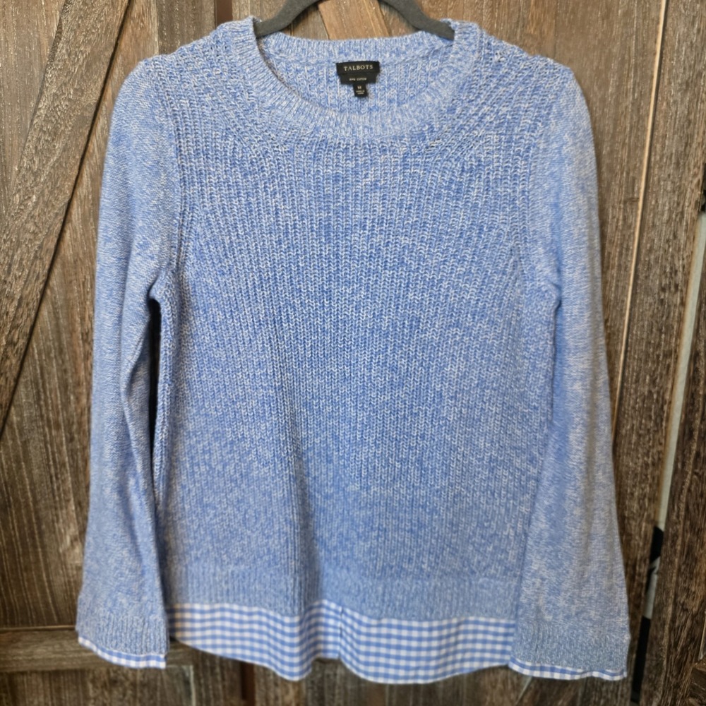 Talbots‎ Sweater Women's Size M Blue Gingham Pima Cotton Knit Pullover Layered